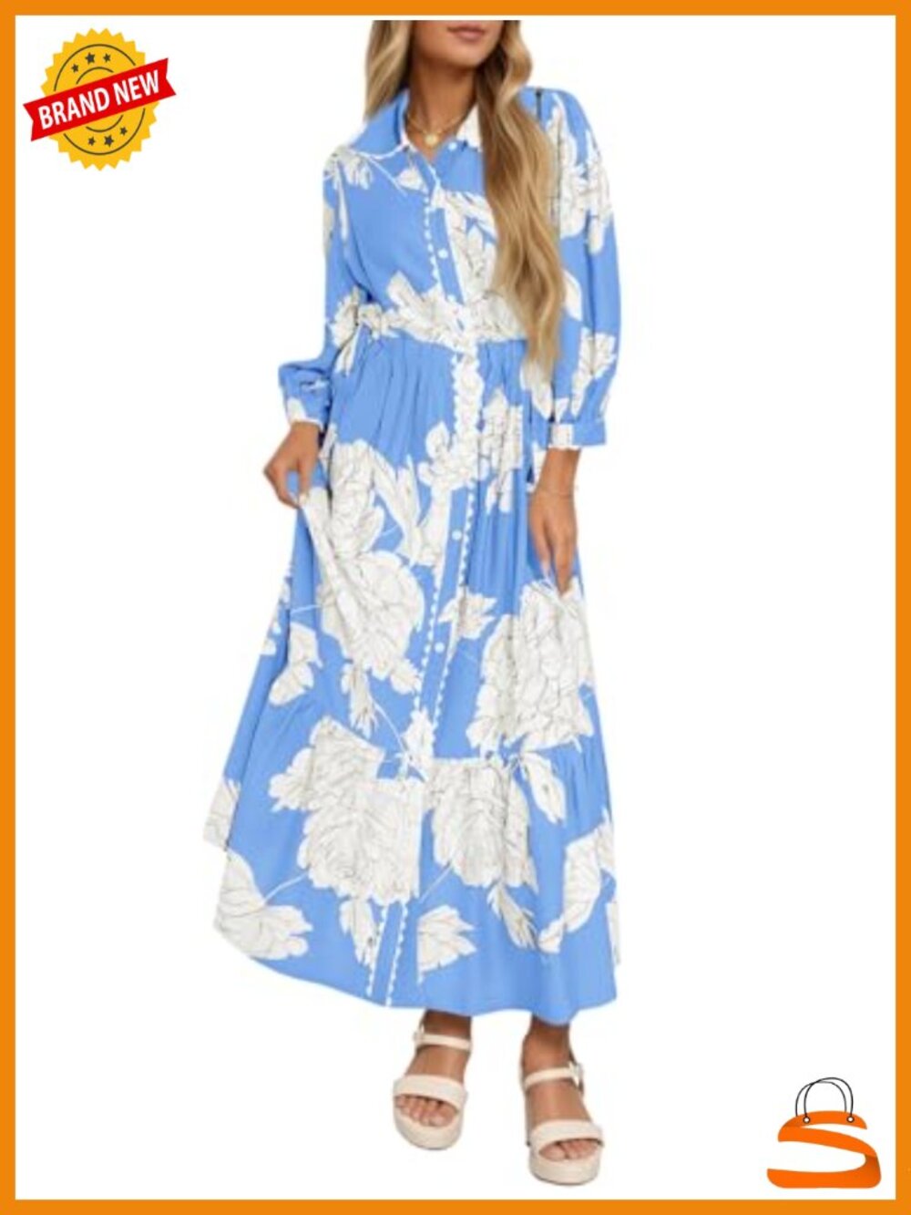 Wenrine Womens Floral Maxi Shirt Dress Long Sleeve Button Down Boho
